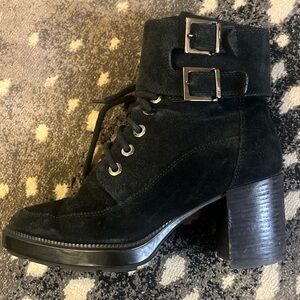 Aquatalia Black Suede Lace Up Buckle Weatherproof Ankle Heel Boot Booties 7.5